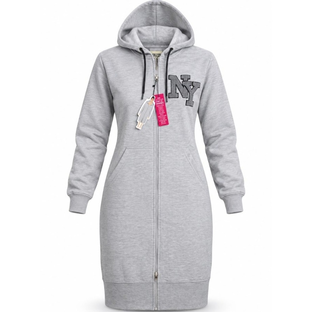 New York Popular Women Gray NY Glitter Zip Up Hoodie Dress Longline Small NWT